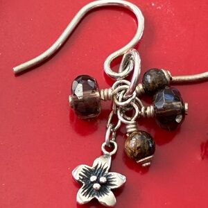Silpada silver dangle earrings with brown beads and floral charm